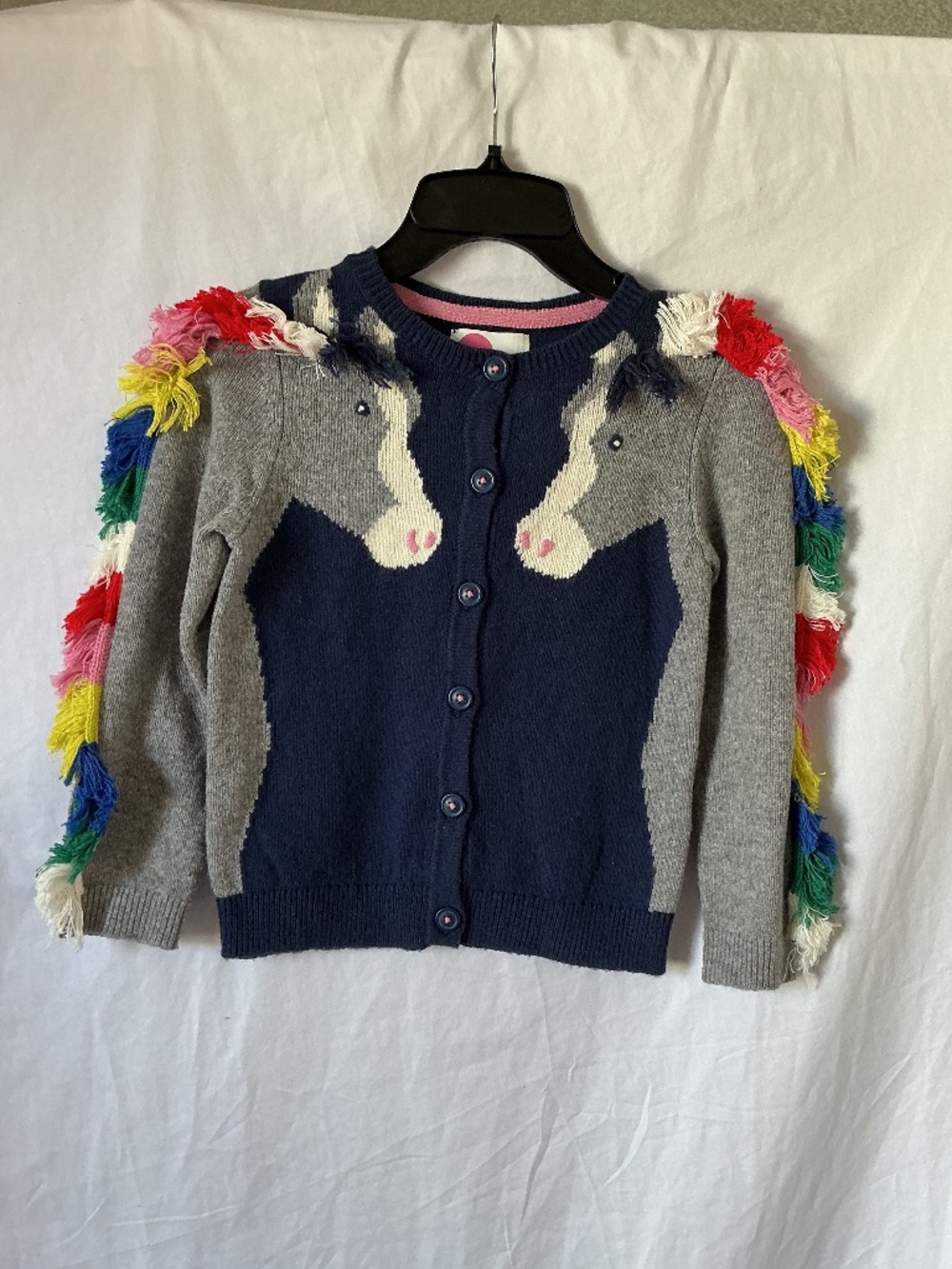 Mini Boden Unicorn Fringe Cardigan Sweater Navy Gray Rainbow Trim 5-6Y
